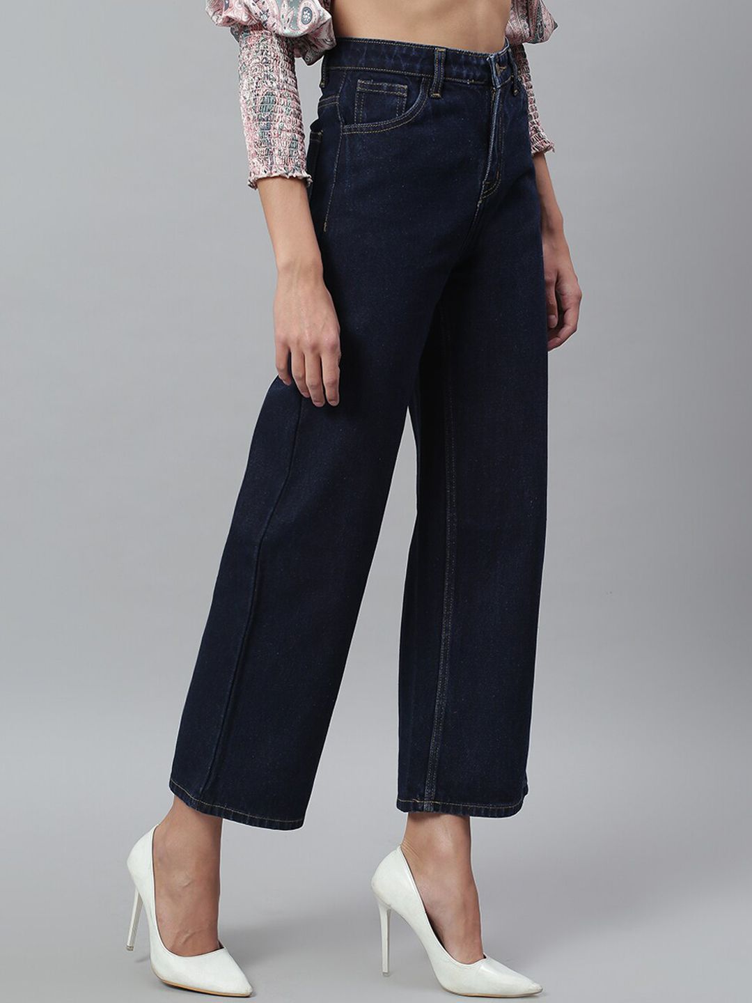 Kotty Women Navy Blue Solid Cotton High-Rise Crop Flared Jeans