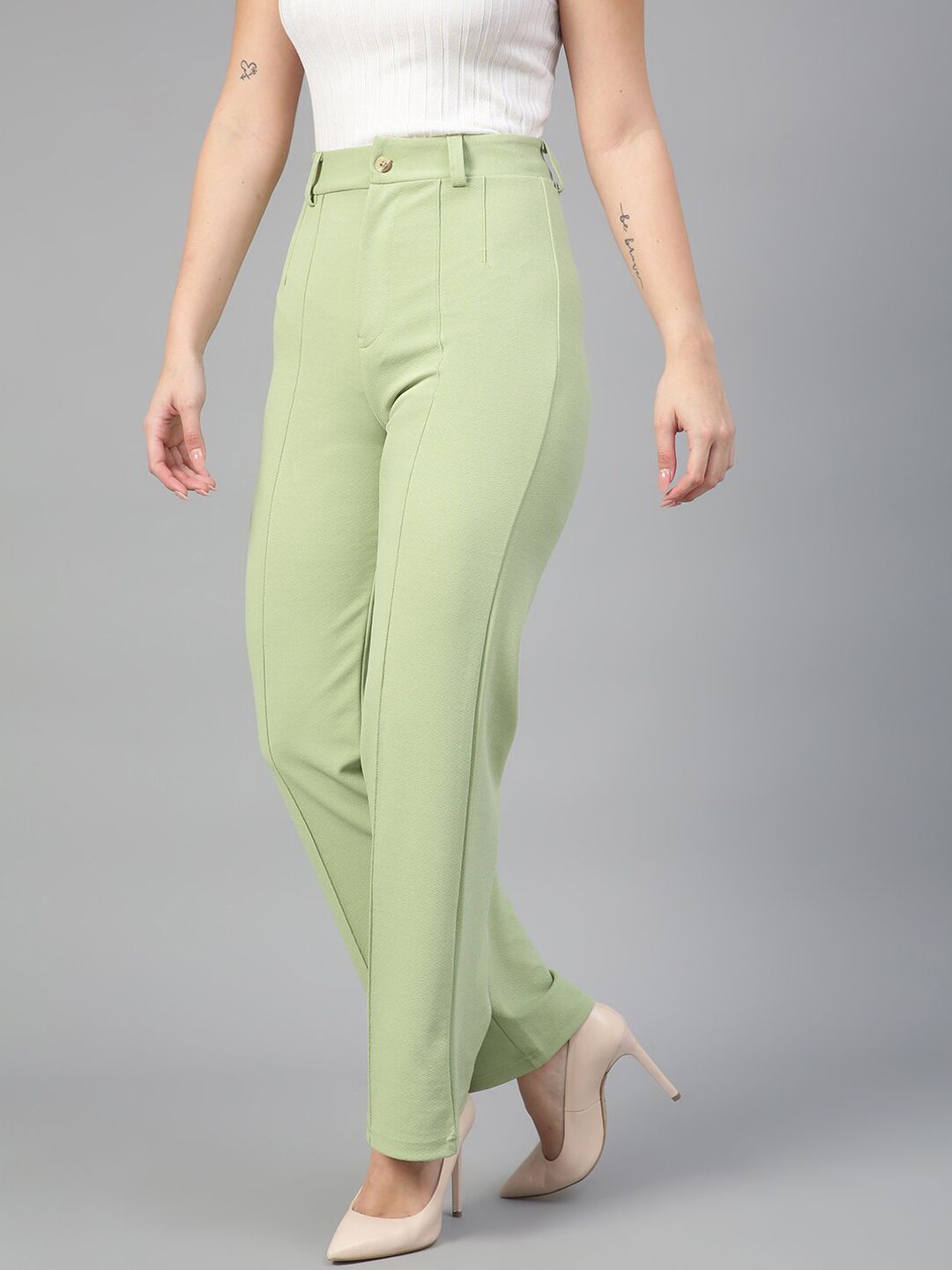 KOTTY BIZwear Women Relaxed Straight Fit High-Rise Easy Wash Pleated Parallel Trousers