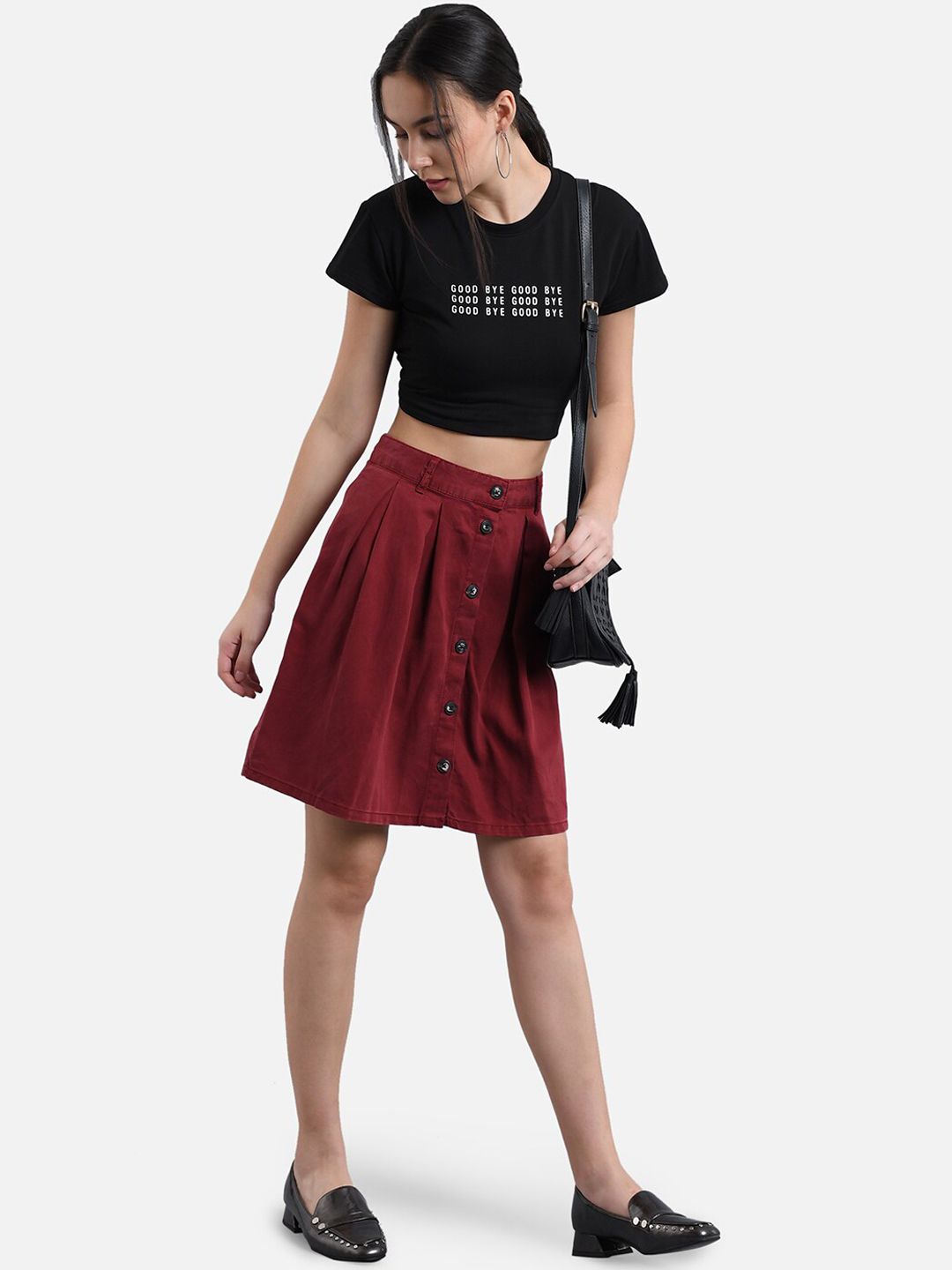 Kotty Women Maroon Solid Denim A-Line Mini Skirt