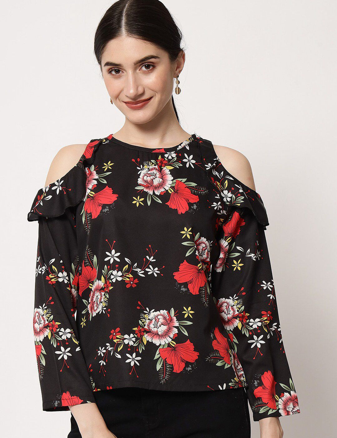 Kotty Round Neck Floral Print Cold-Shoulder Crepe Top