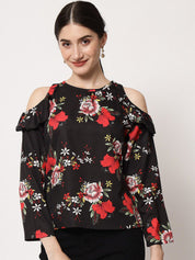 Kotty Round Neck Floral Print Cold-Shoulder Crepe Top