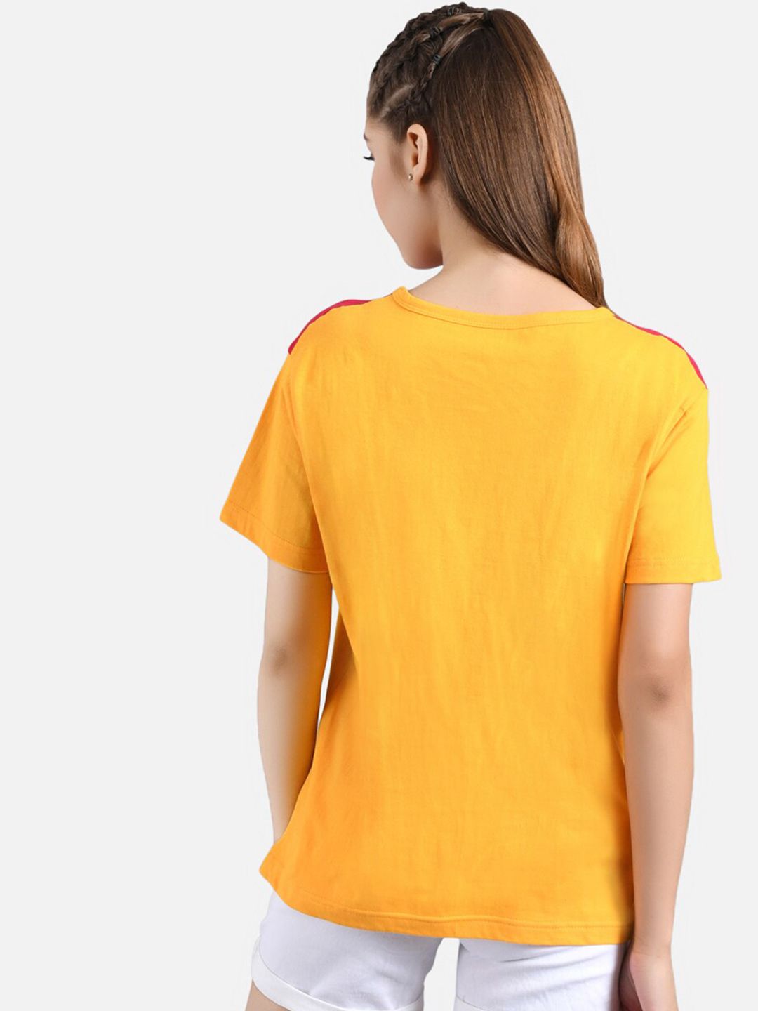 Kotty Women Mustard Yellow & Red Colourblocked Round Neck T-shirt