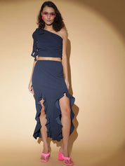 Kotty Navy Blue One Shoulder Top With Skirt  