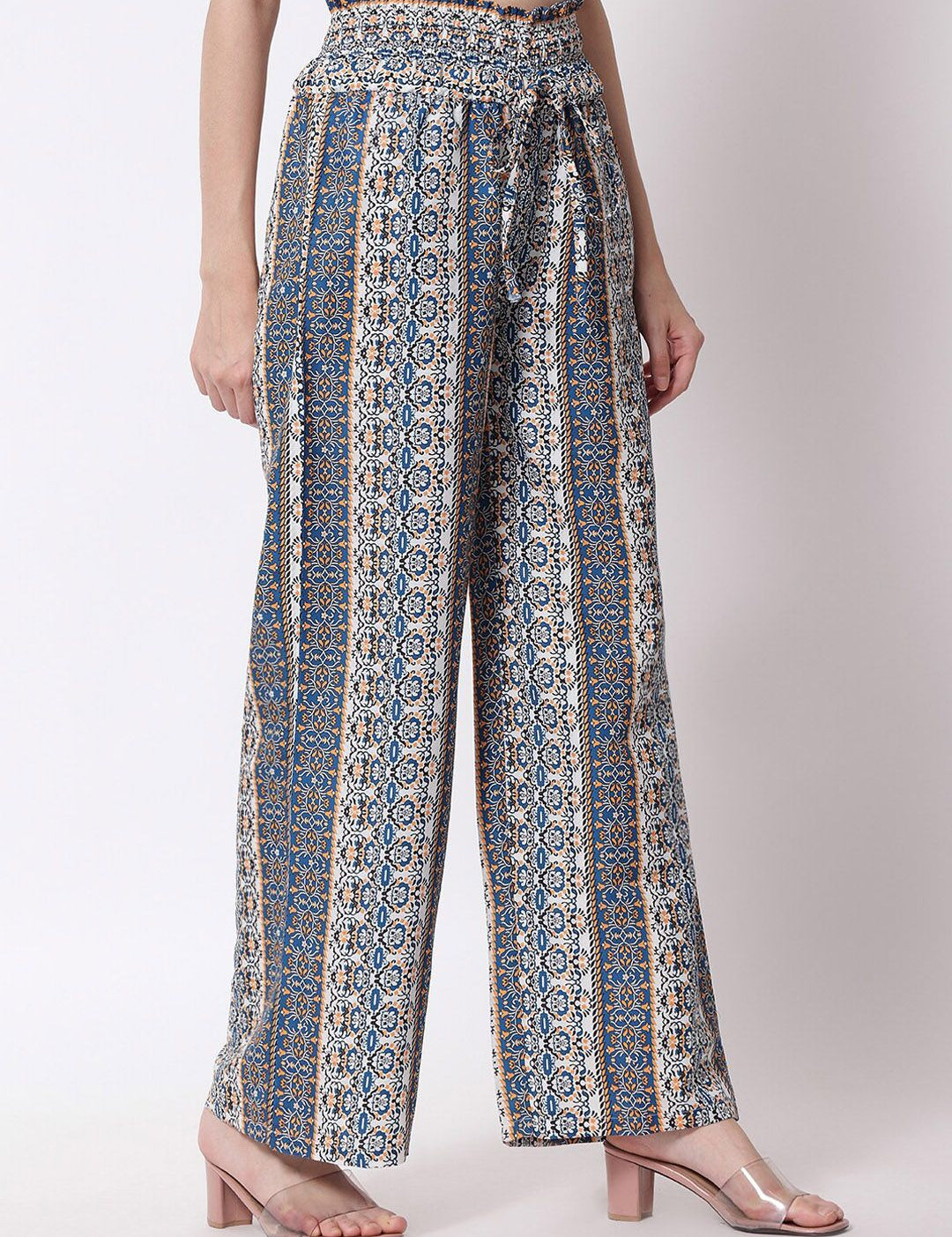 Kotty Women Blue Printed Relaxed High-Rise Easy Wash Trousers
