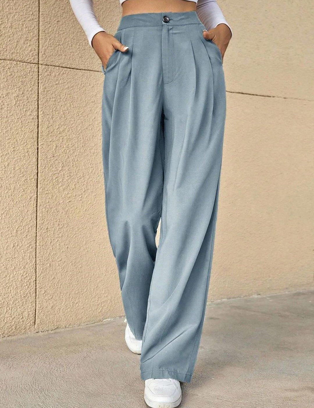 Kotty Women Blue Relaxed Straight Leg Straight Fit High-Rise Easy Wash Pleated Trousers