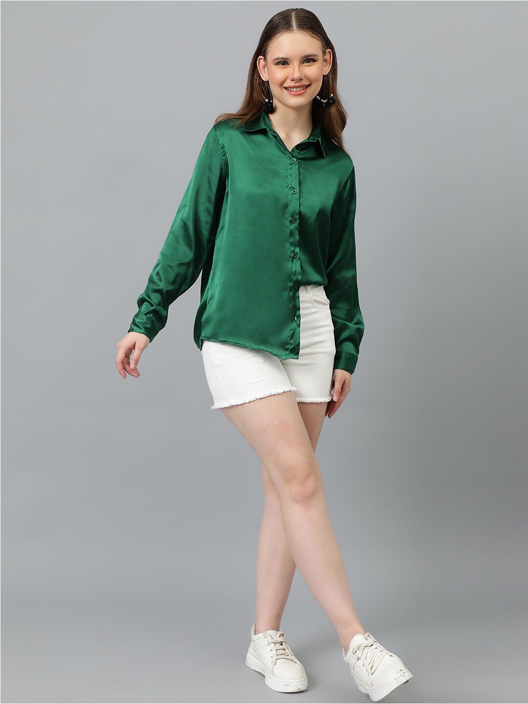 KOTTY BIZwear Green Relaxed Spread Collar Satin Casual Shirt