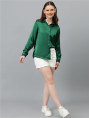 KOTTY BIZwear Green Relaxed Spread Collar Satin Casual Shirt