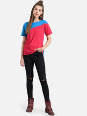 Kotty Women Blue Colourblocked Round Neck T-shirt