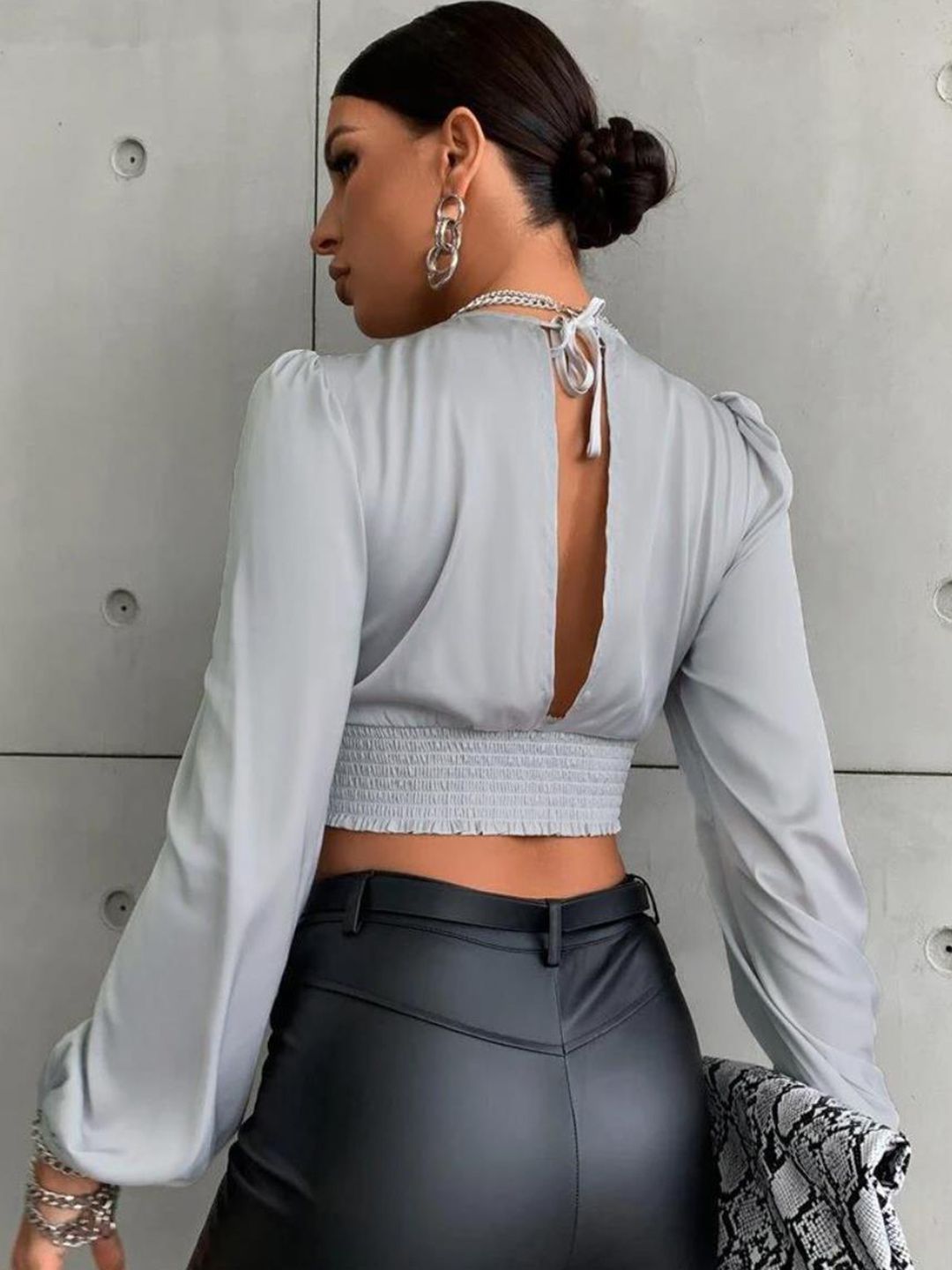 Kotty Grey V-Neck Smocked Detailed Satin Crop Top