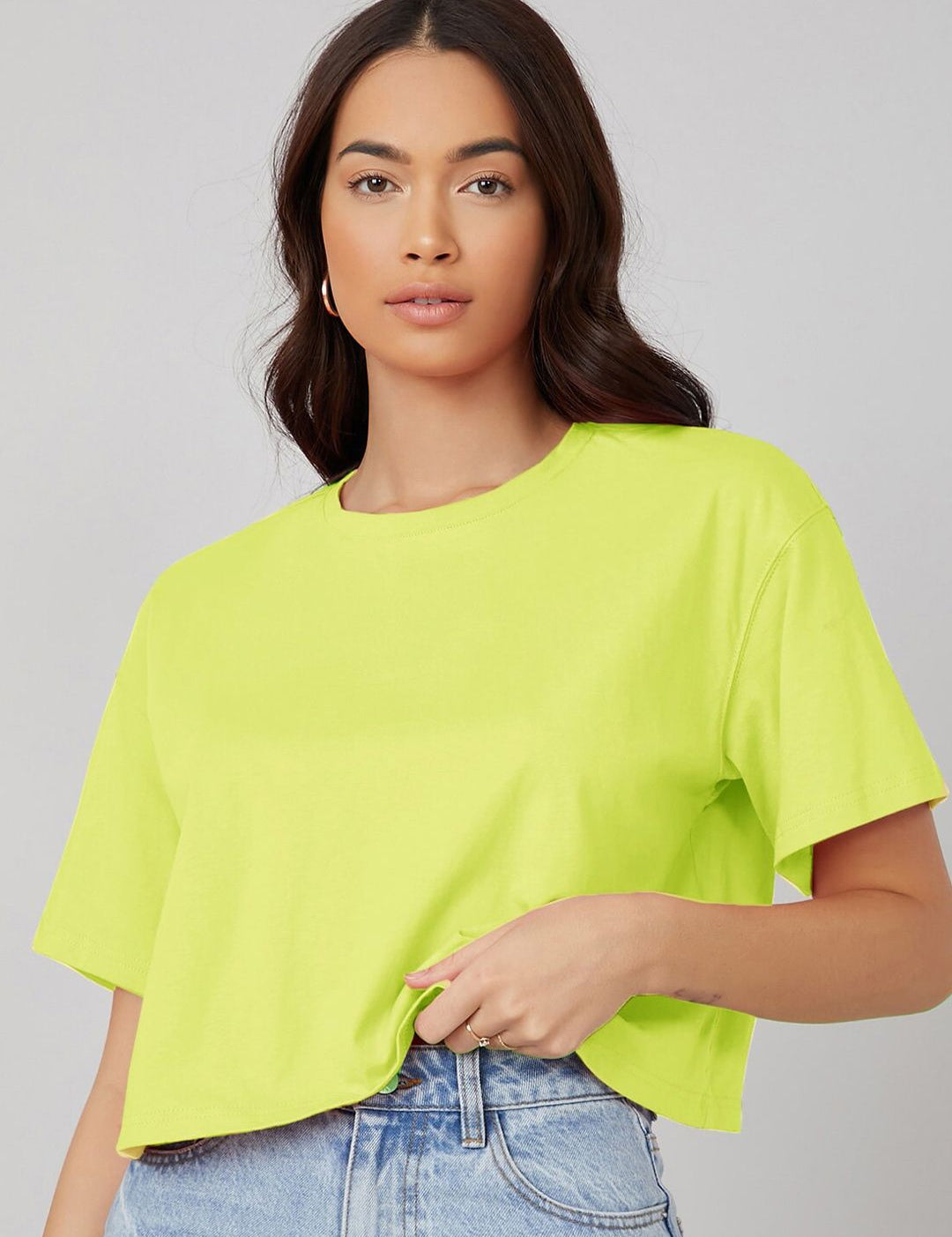 KOTTY Basics Yellow Round Neck Drop-Shoulder Sleeves Crop Oversized T-shirt