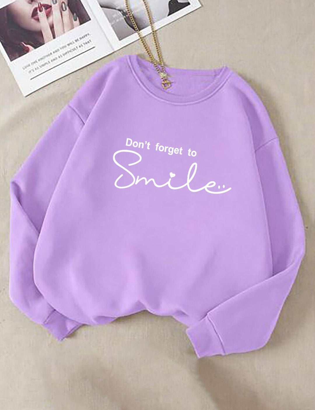 Kotty Typography Printed Round Neck Fleece Pullover