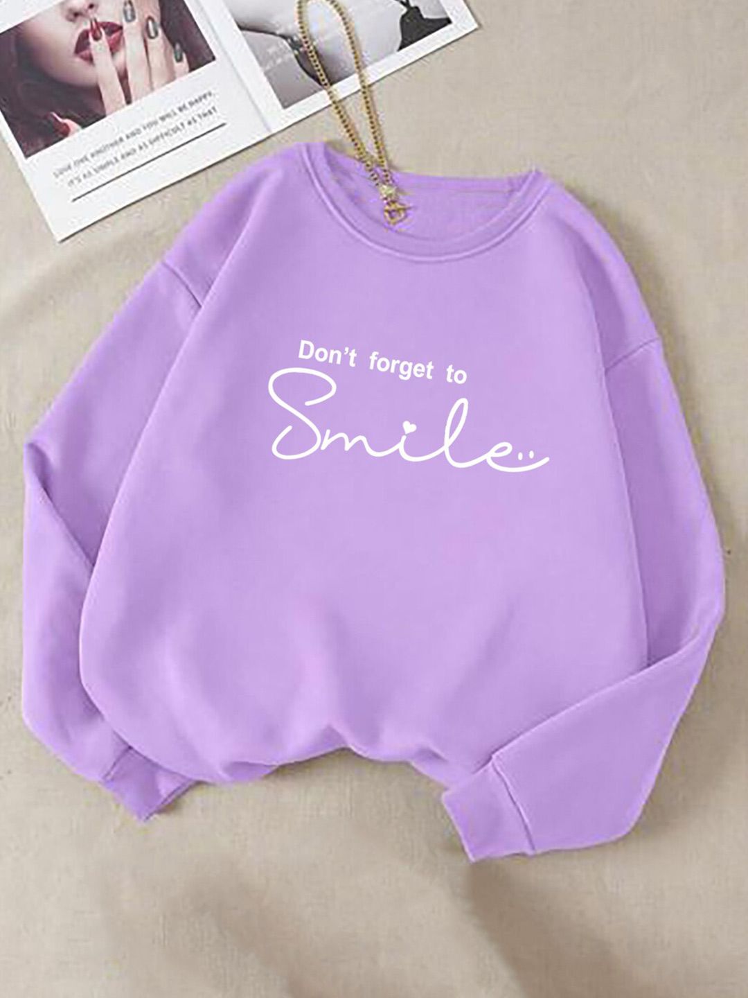 Kotty Typography Printed Round Neck Fleece Pullover
