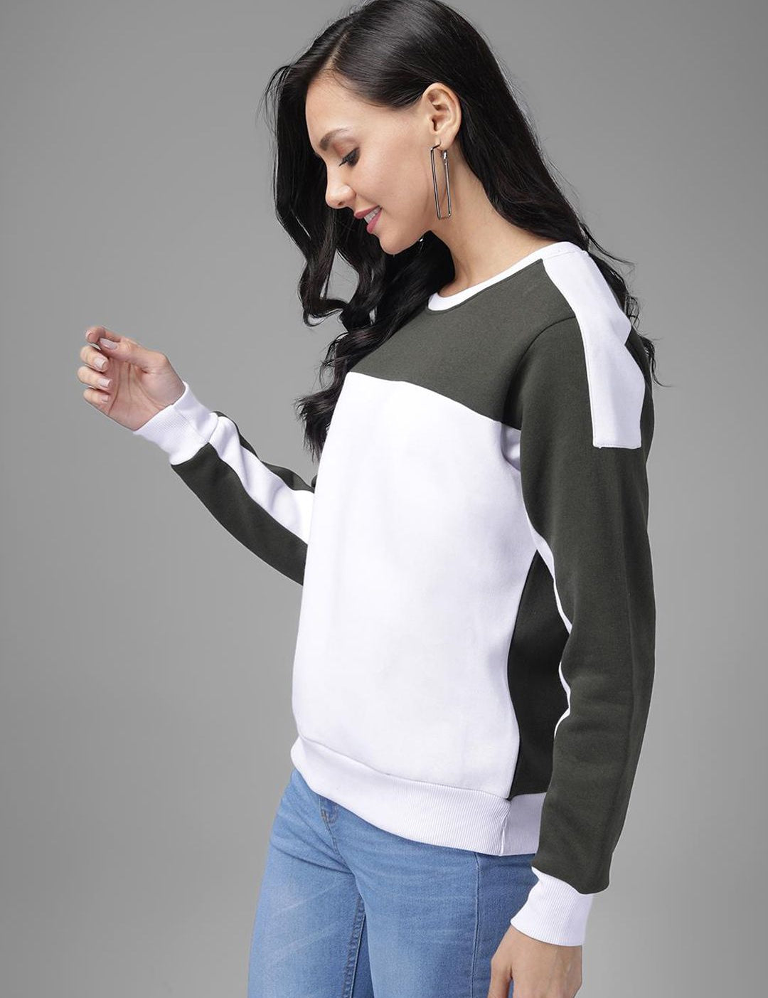 Kotty Women Olive Green & White Colourblocked Sweatshirt