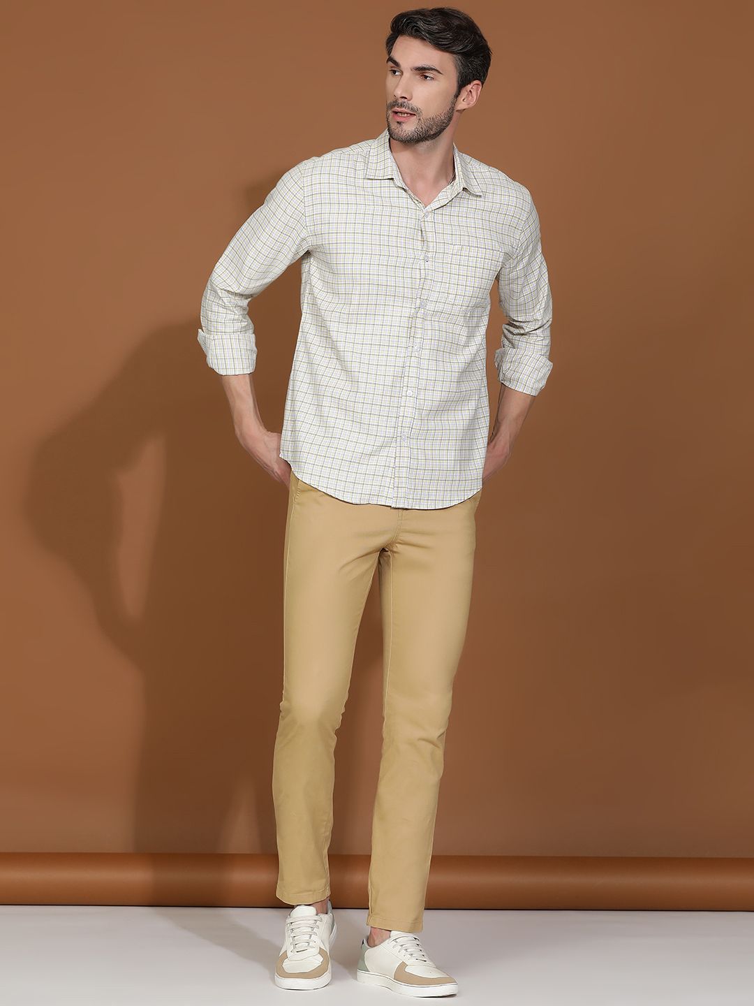 Kotty White & Yellow New Grid Tattersall Checks Spread Collar Casual Shirt