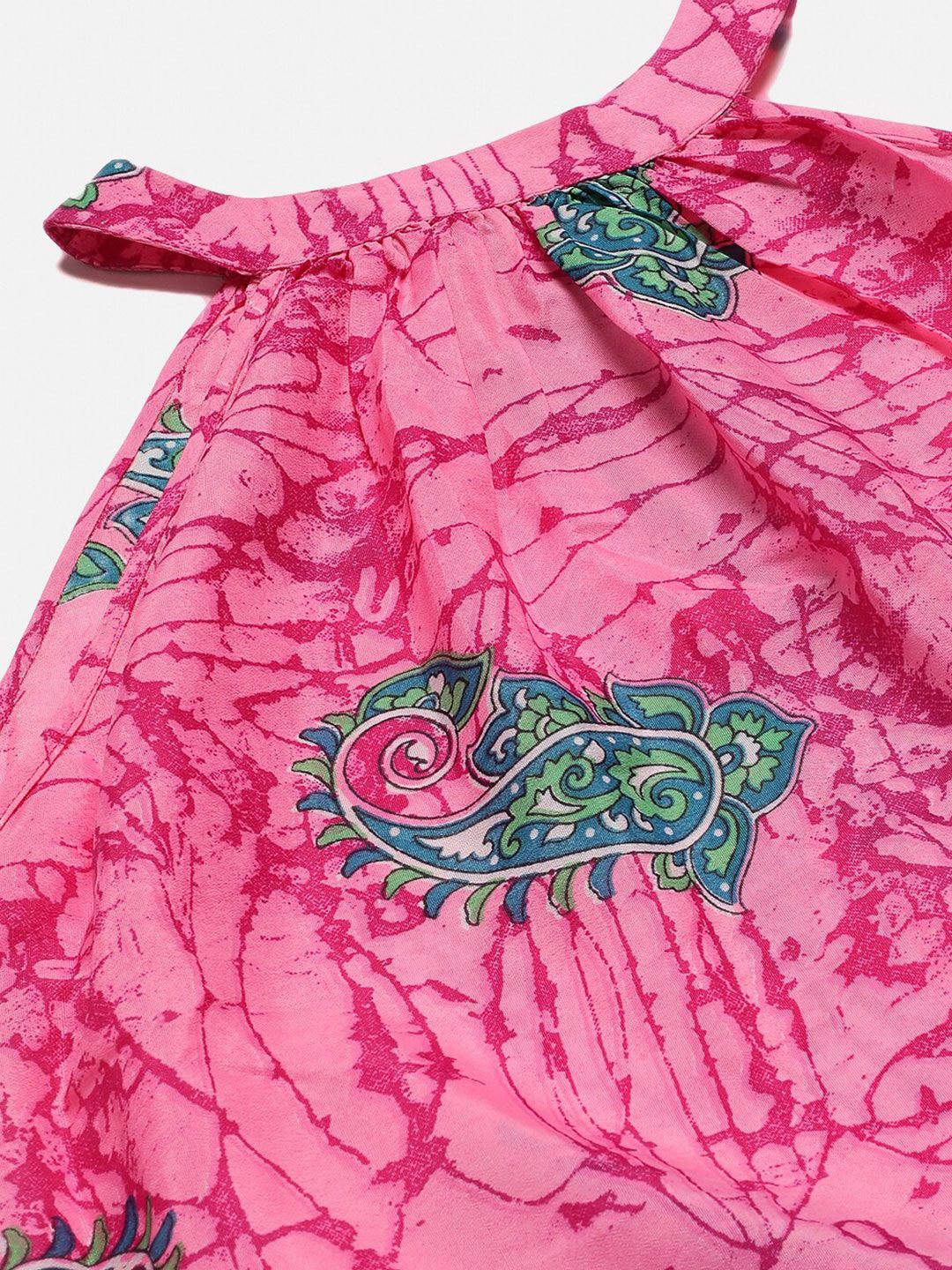 Kotty Pink Ethnic Motif Printed Tiered Fit & Flare Midi Dress With Belt