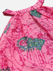 Kotty Pink Ethnic Motif Printed Tiered Fit & Flare Midi Dress With Belt