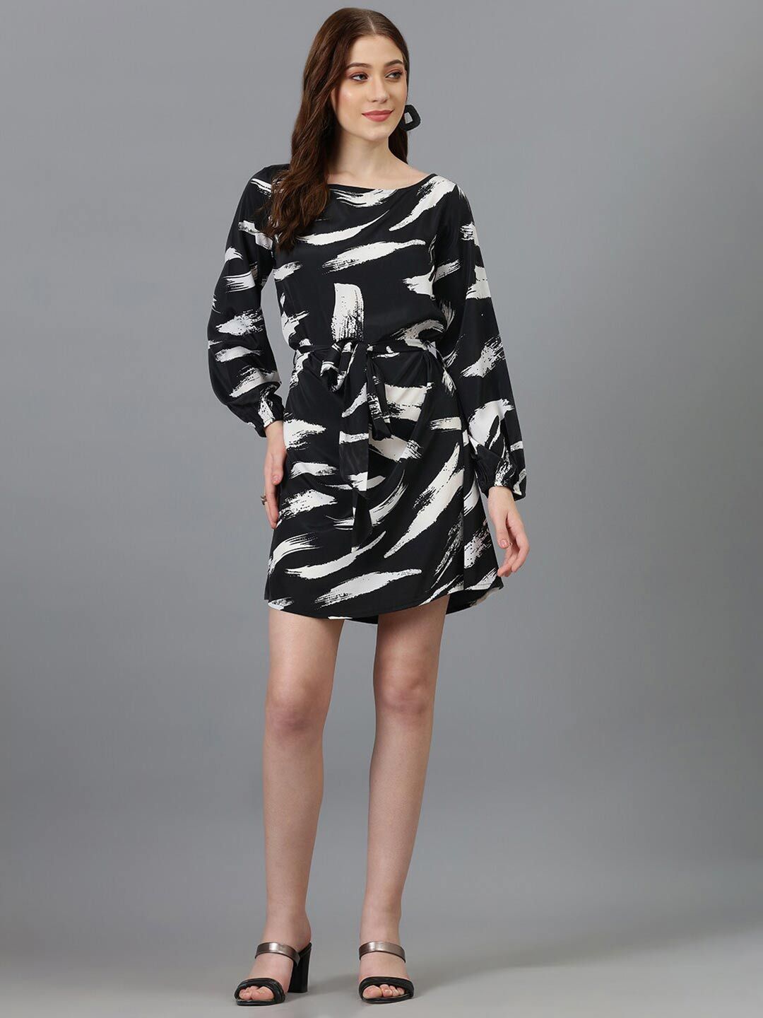 Kotty Black & White Abstract Printed Satin A-Line Dress