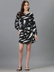 Kotty Black & White Abstract Printed Satin A-Line Dress