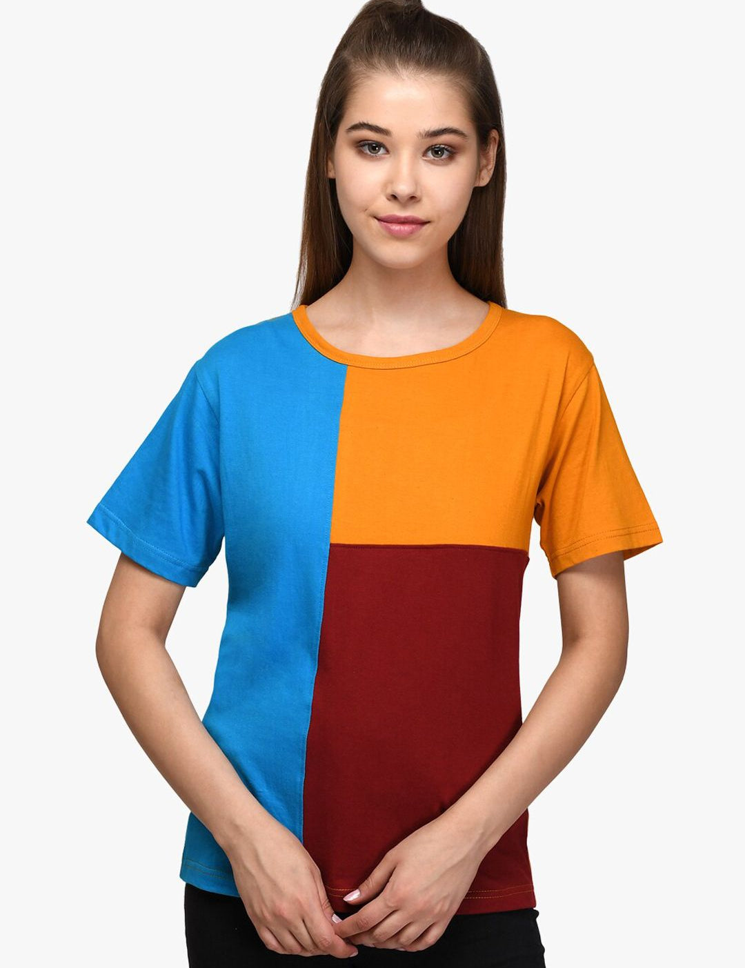 Kotty Women Pack of 2 Colourblocked Round Neck Pure Cotton T-shirts