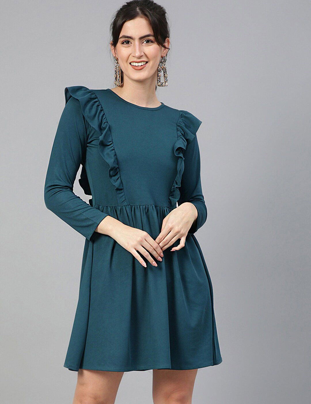 Kotty Green Ruffled Fit & Flare Knee Length Dress