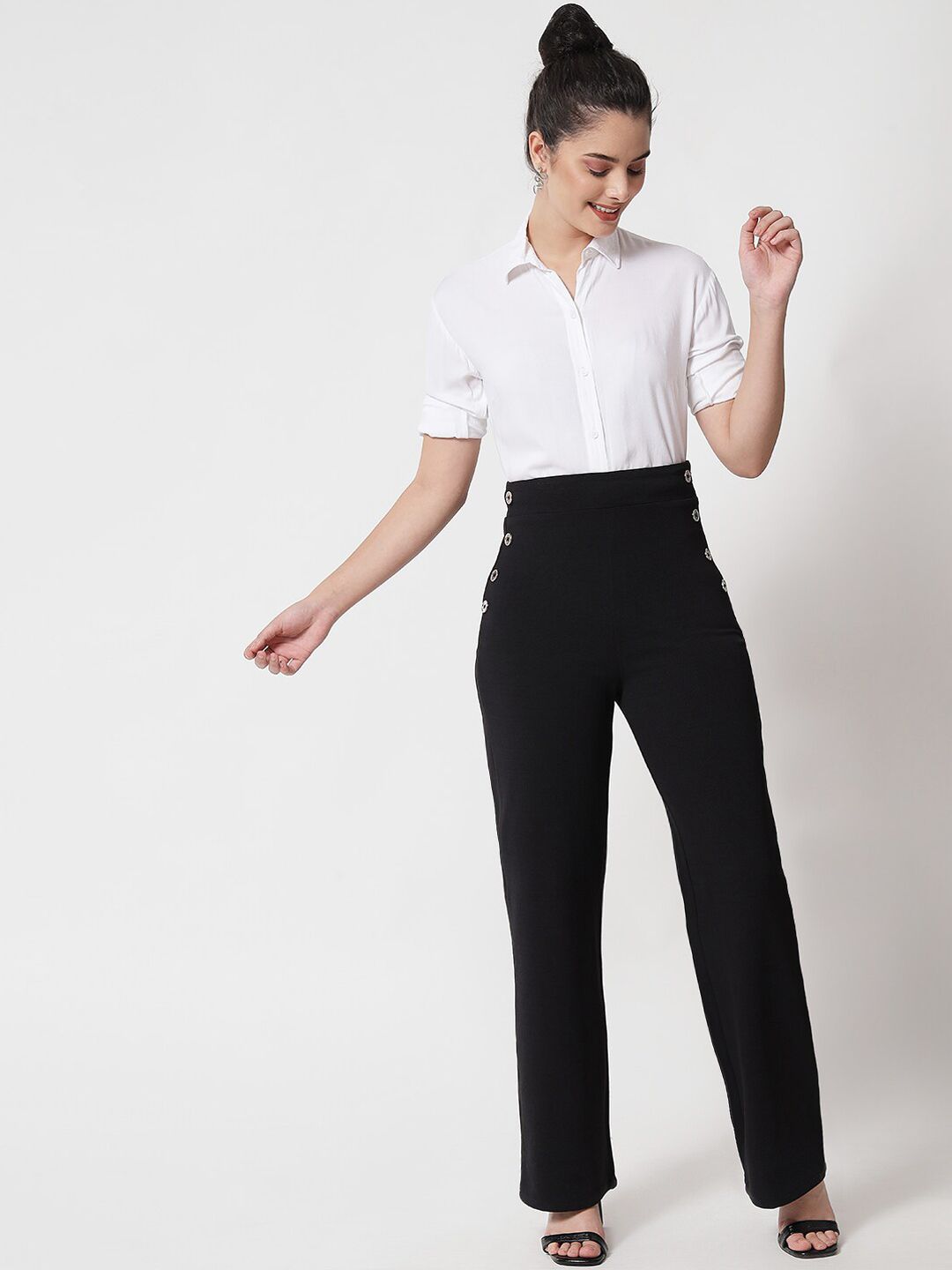 Kotty Women Black Relaxed Straight Fit High-Rise Easy Wash Trousers