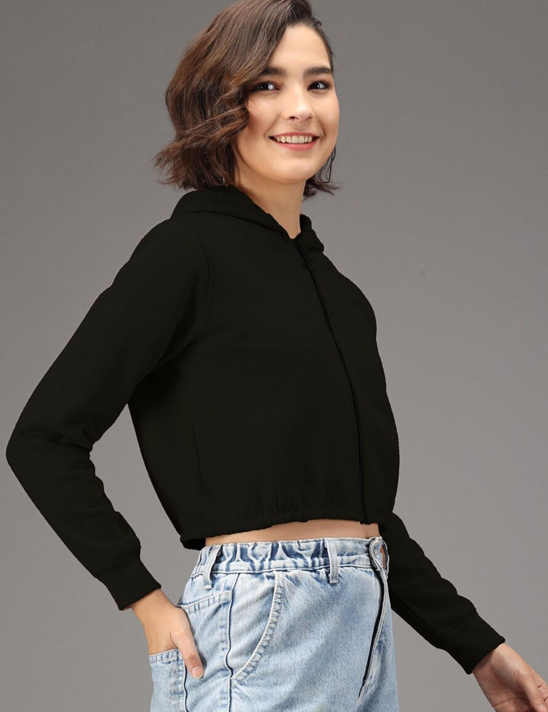 Kotty Women Black Solid Hooded Front-Open Cropped Sweatshirt