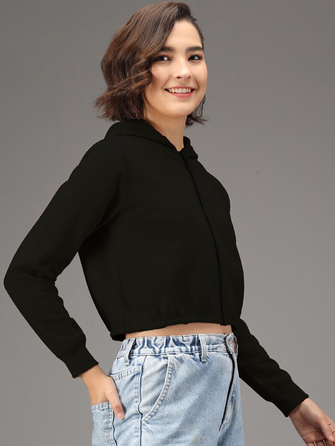 Kotty Women Black Solid Hooded Front-Open Cropped Sweatshirt