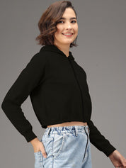 Kotty Women Black Solid Hooded Front-Open Cropped Sweatshirt