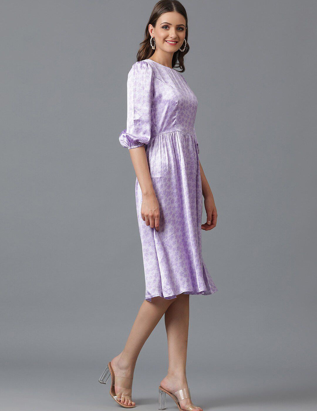 Kotty Lavender Floral Printed Satin Fit & Flare Mini Dress