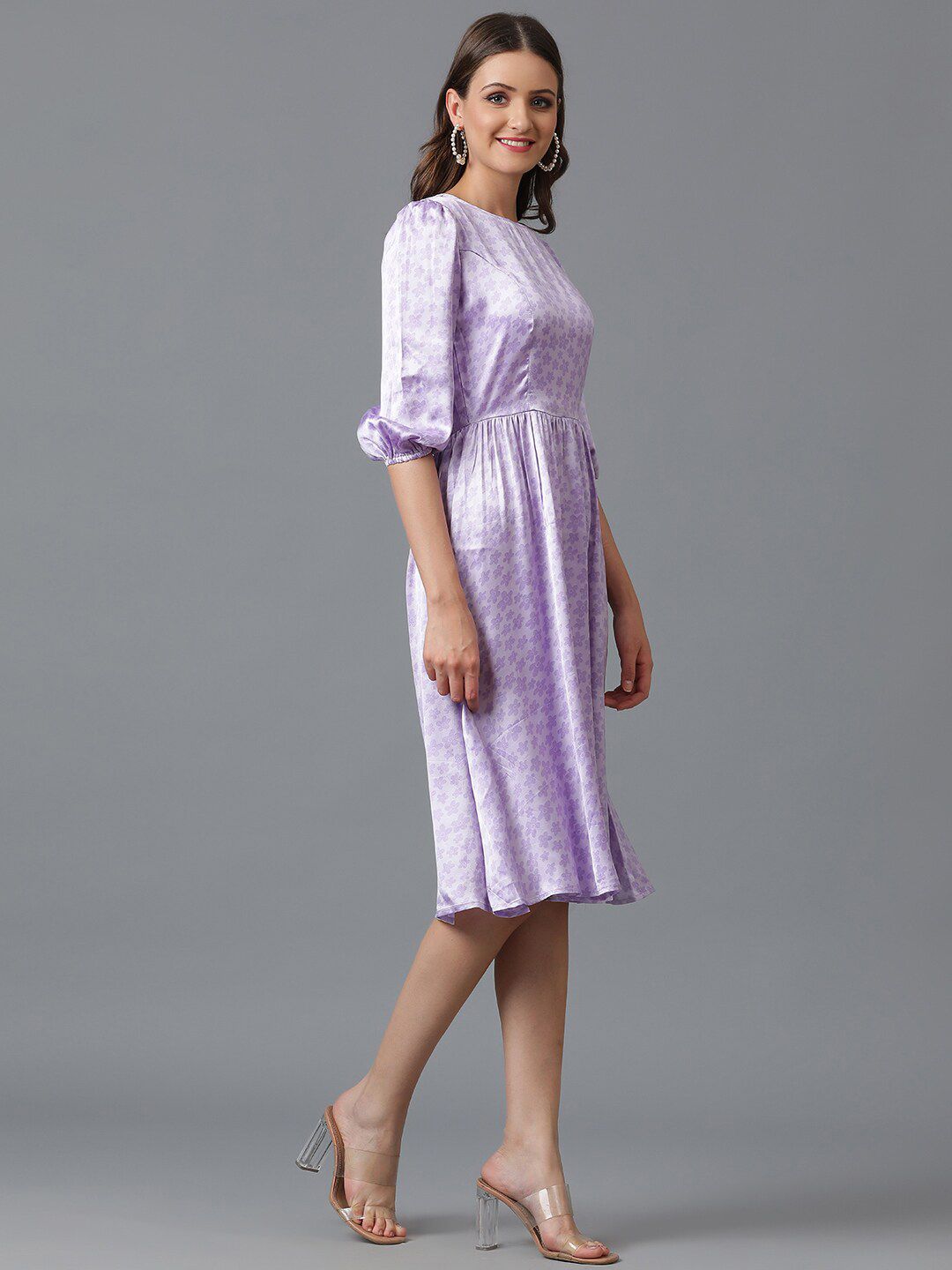 Kotty Lavender Floral Printed Satin Fit & Flare Mini Dress