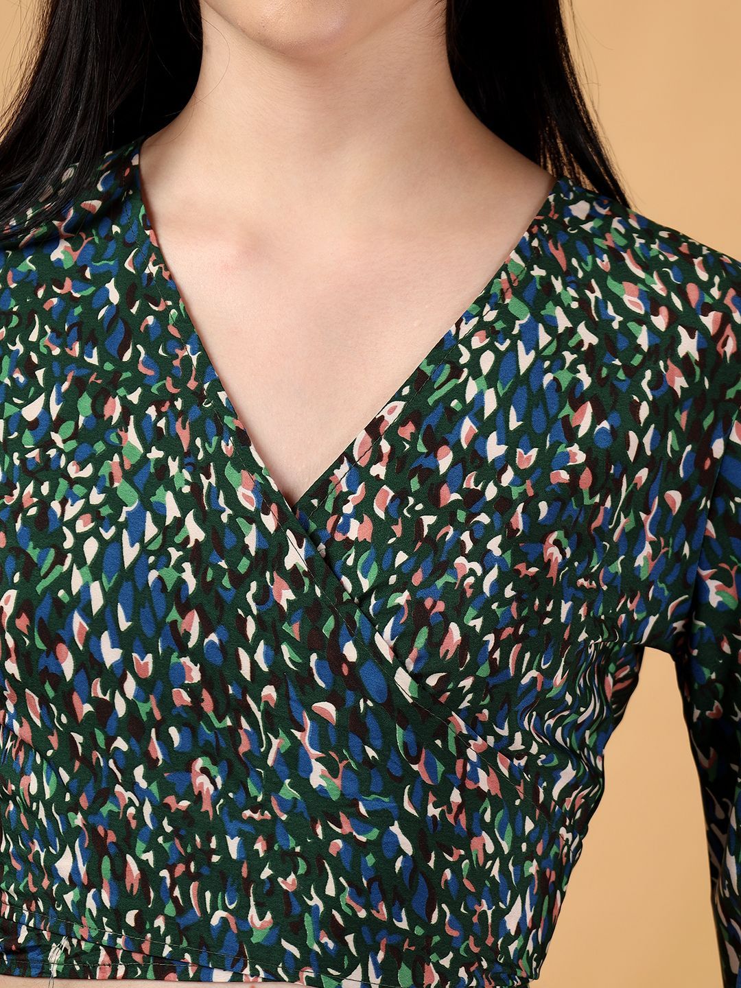 Kotty Floral Print Bell Sleeve Crepe Wrap Crop Top