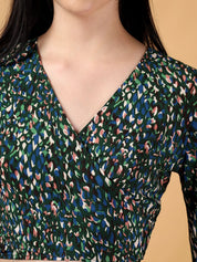 Kotty Floral Print Bell Sleeve Crepe Wrap Crop Top