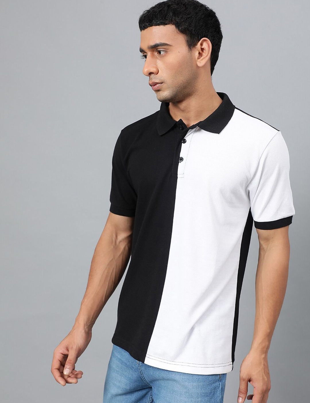Kotty White & Black Colourblocked Polo Collar T-shirt