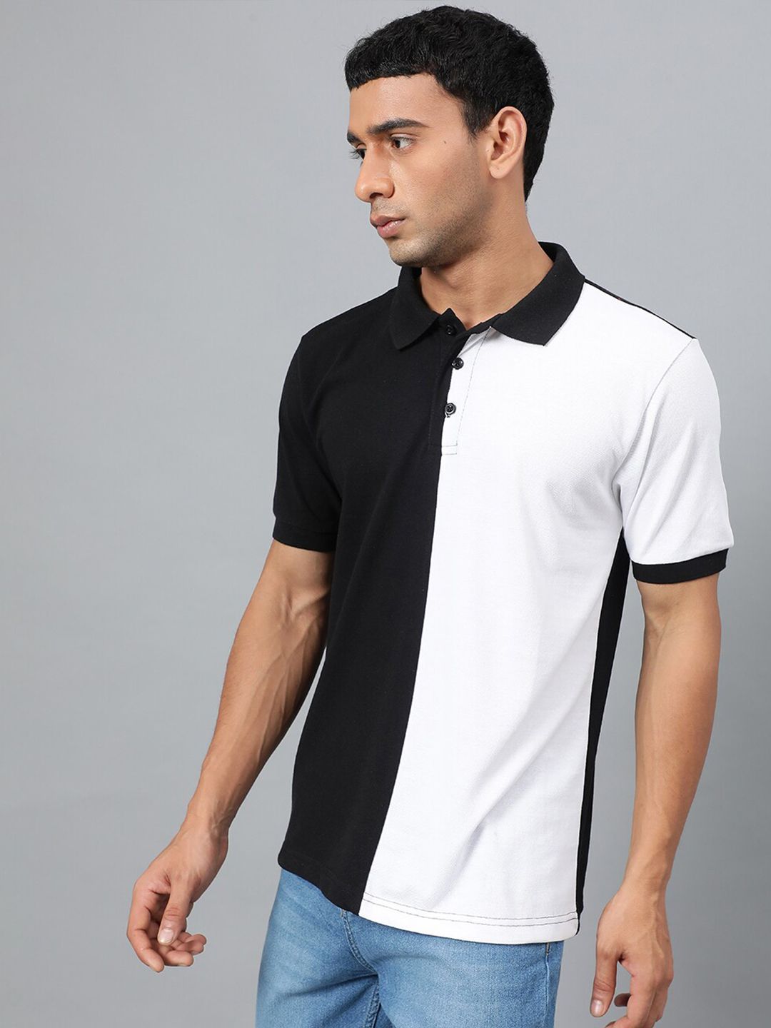 Kotty White & Black Colourblocked Polo Collar T-shirt