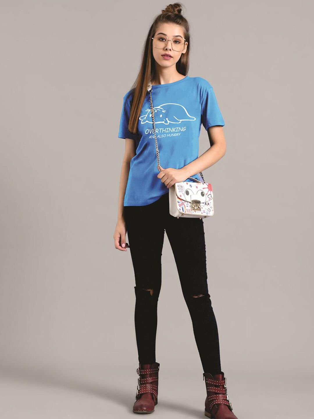 Kotty Women Blue Printed Round Neck T-shirt