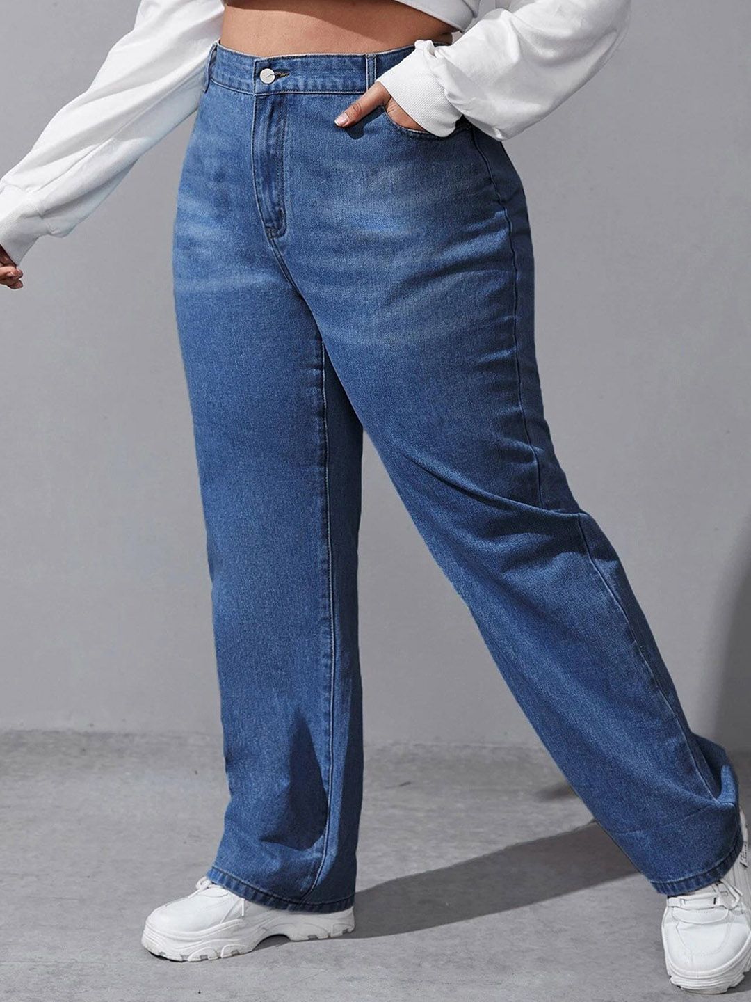 Kotty Women Plus Size Jean Wide Leg High-Rise Light Fade Stretchable Jeans