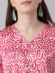 Kotty Red & White Animal Printed Puff Sleeve Satin Blouson Top