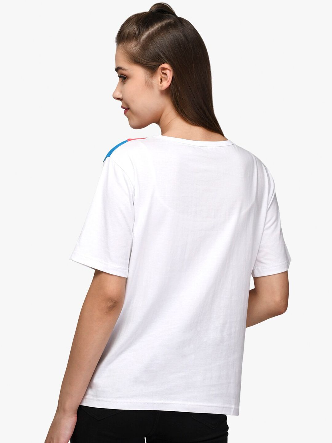 Kotty Women White & Blue Colourblocked Boat Neck T-shirt