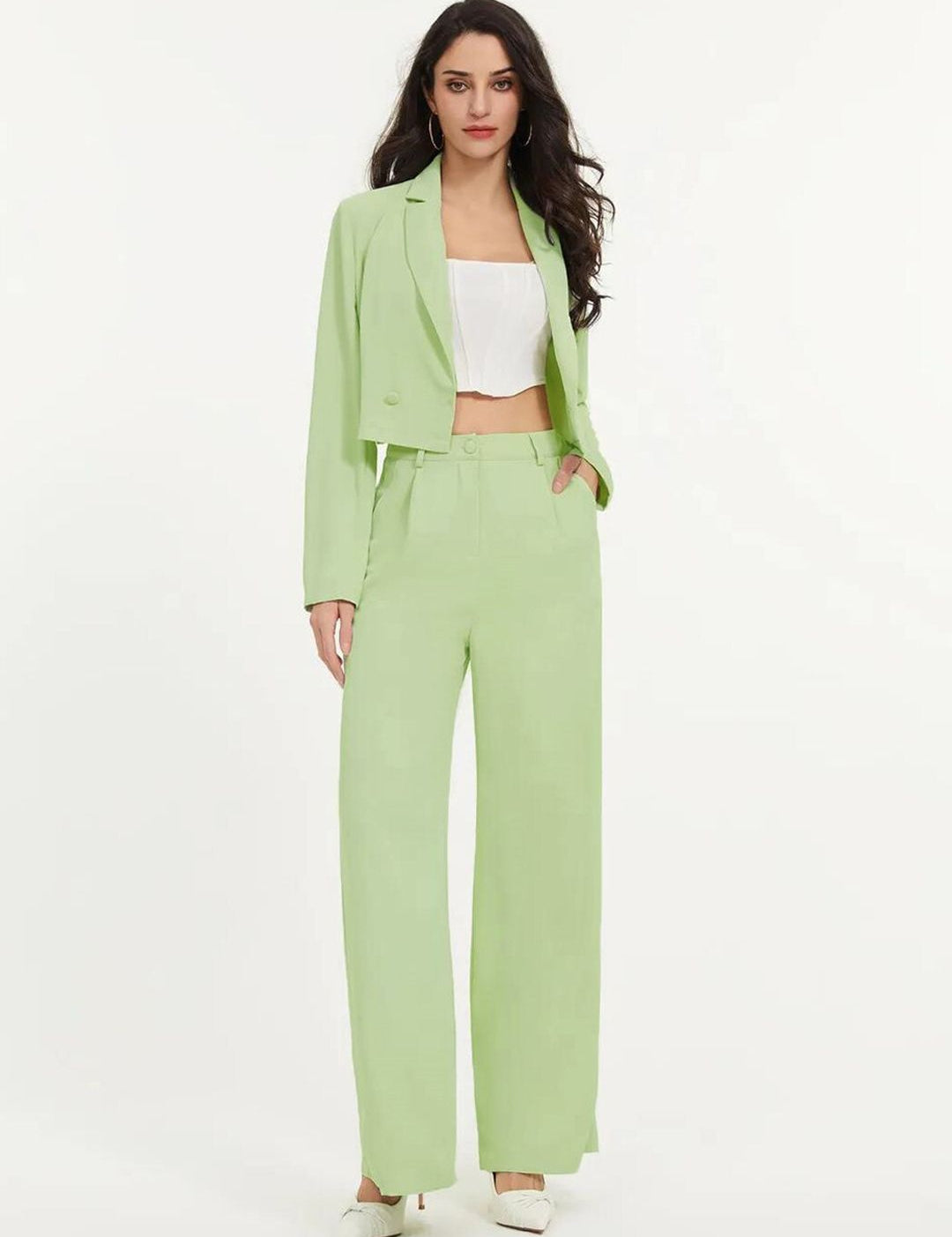 KOTTY BIZwear Women Solid Green Shirt Collar Blazer & Flared Trouser Co-Ords