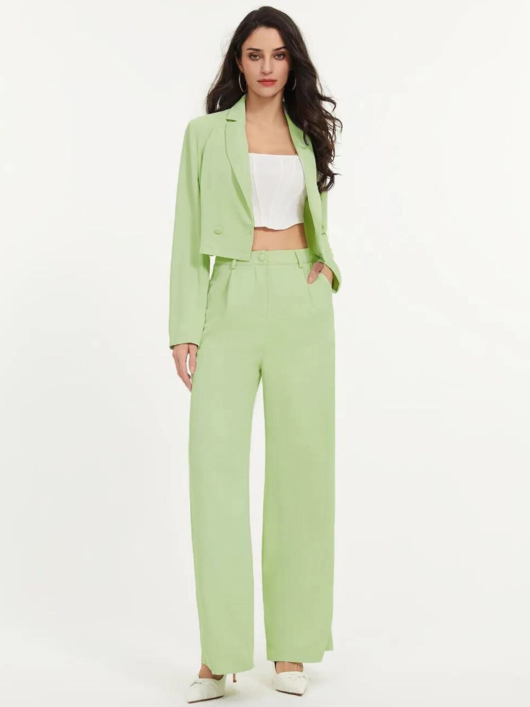 KOTTY BIZwear Women Solid Green Shirt Collar Blazer & Flared Trouser Co-Ords