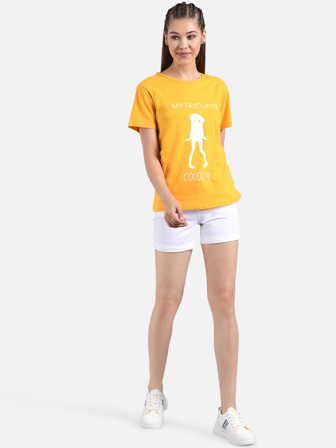 Kotty Women Mustard Yellow & White Printed Round Neck T-shirt