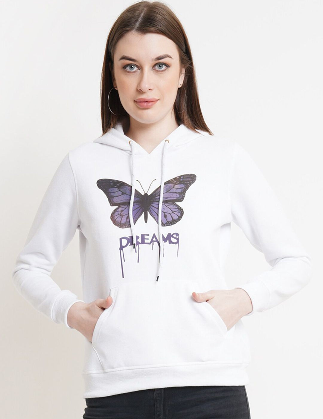 Kotty Women White Printed Hooded Sweatshirt