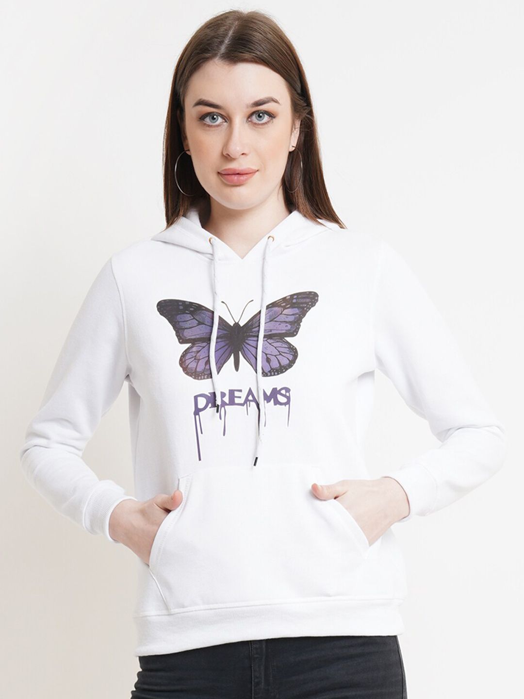 Kotty Women White Printed Hooded Sweatshirt
