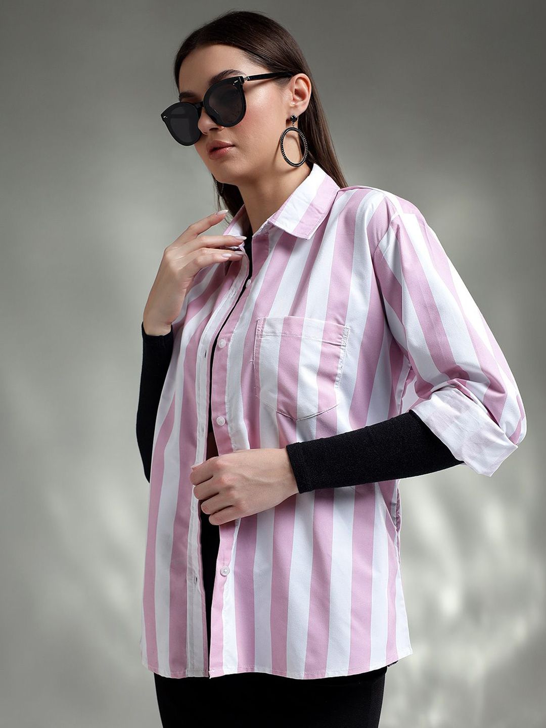 Kotty Women Spread Collar Striped Cotton Casual Shirt