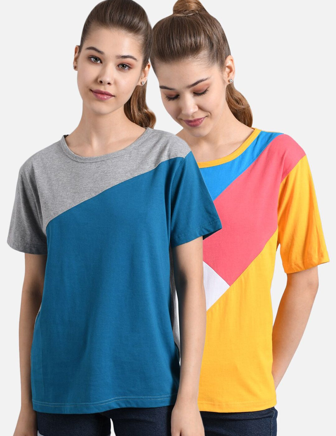 Kotty Women Pack of 2 Multicoloured Colourblocked Round Neck T-shirts