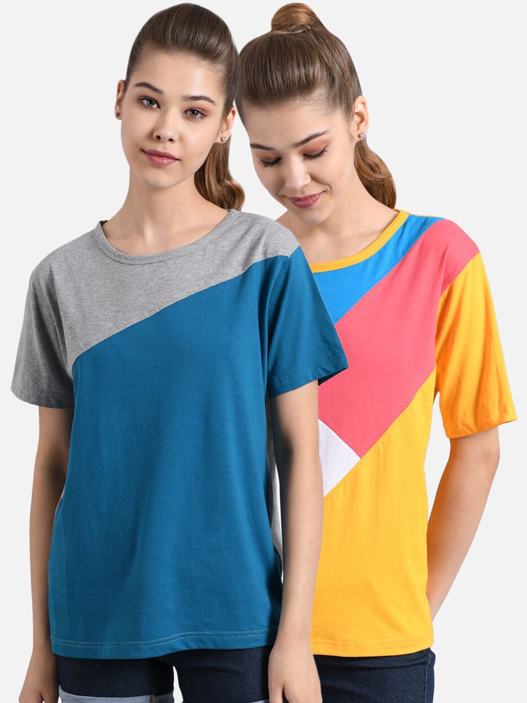 Kotty Women Pack of 2 Multicoloured Colourblocked Round Neck T-shirts
