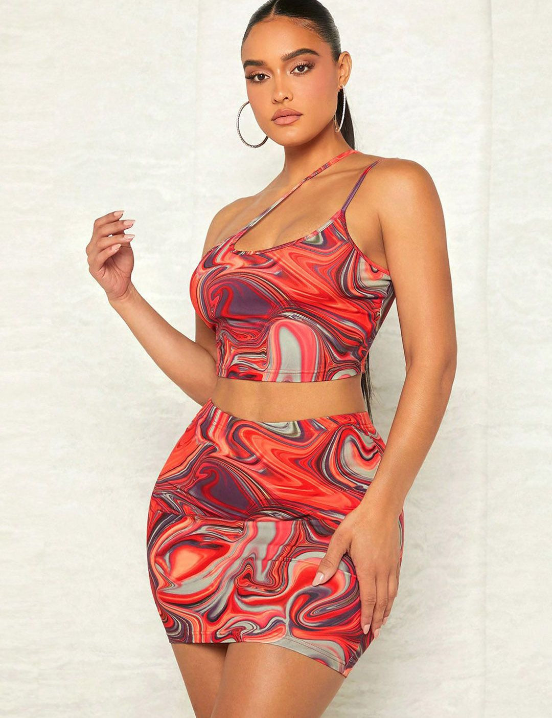 Kotty Brown Abstract Printed One Shoulder Top With Skirts