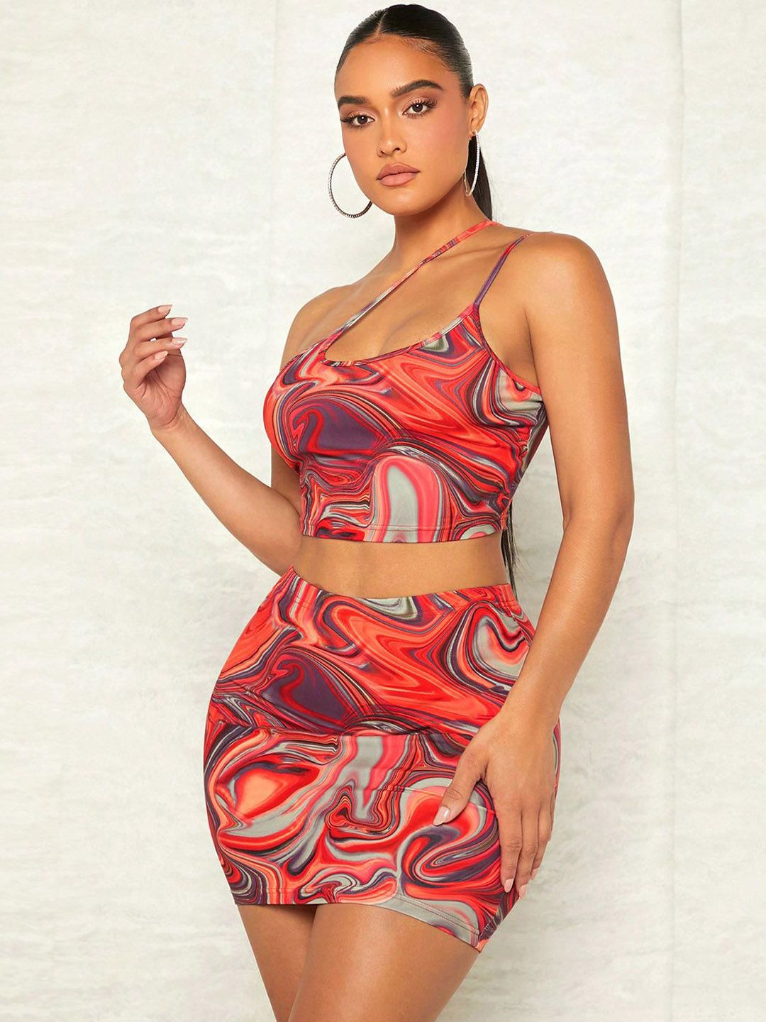Kotty Brown Abstract Printed One Shoulder Top With Skirts