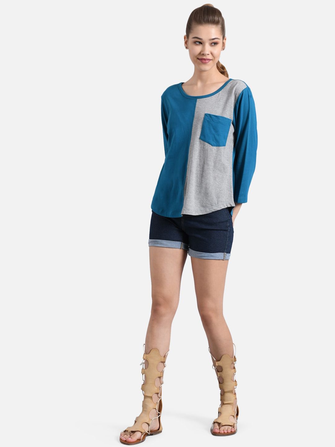 Kotty Women Blue Colourblocked Round Neck T-shirt