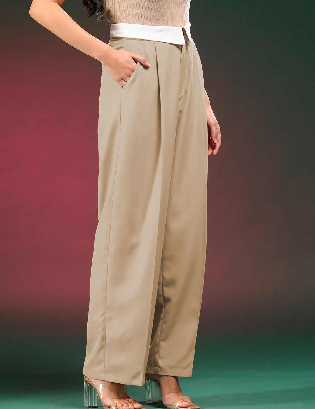 Kotty Women Straight Fit High-Rise Easy Wash Pleated Trousers